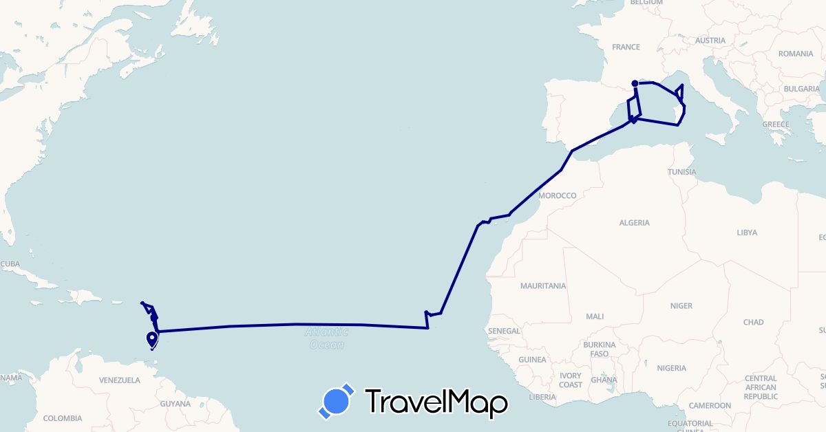 TravelMap itinerary: driving in Antigua and Barbuda, Cape Verde, Dominica, Spain, France, Grenada, Gibraltar, Italy, Morocco, Saint Vincent and the Grenadines (Africa, Europe, North America)